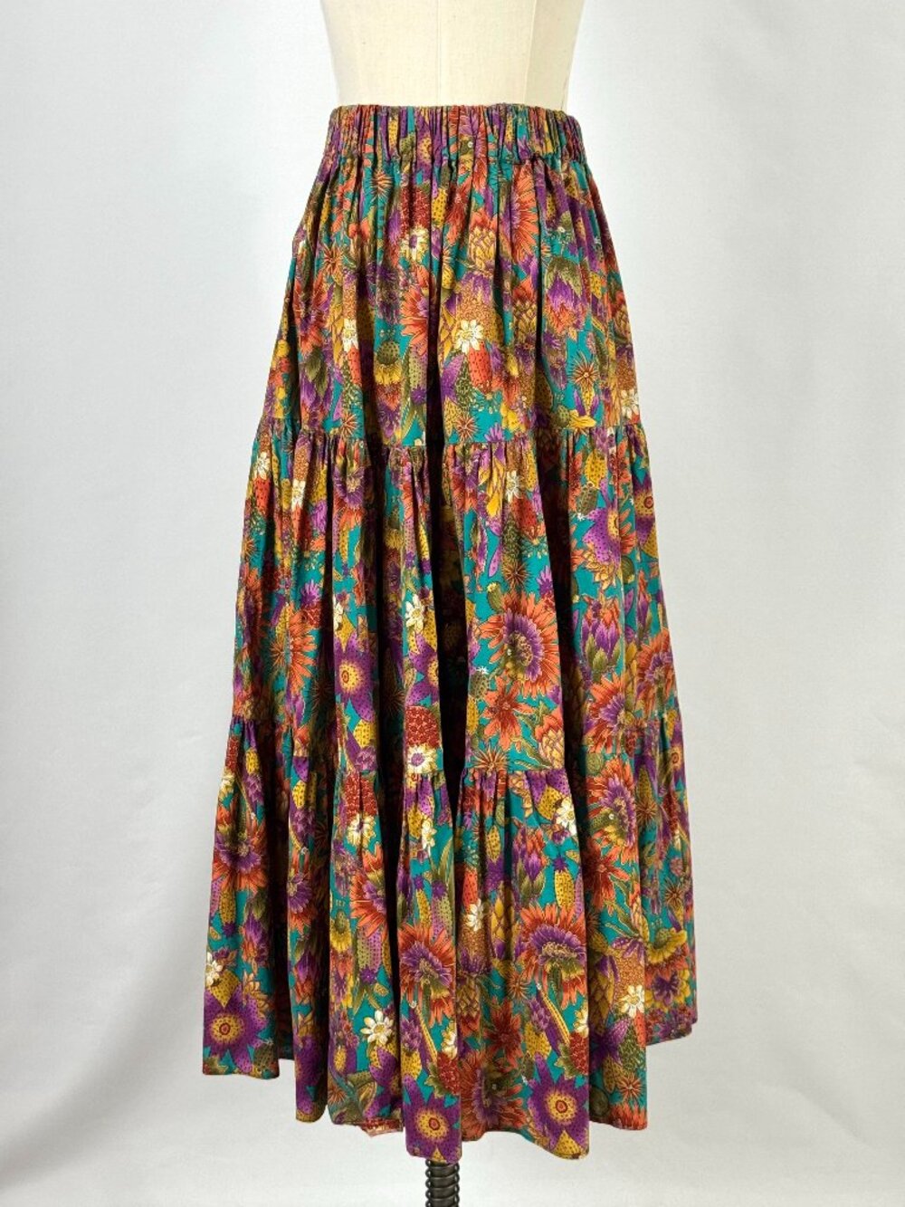 Vtg Sunflowers Floral Tiered Maxi Skirt 2X Cotton Pull On Elastic Waist Autumnal